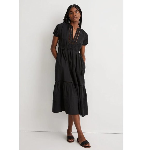 Madewell Dresses & Skirts - Madewell Poplin Ladder Embroidery, Puff-sleeve Midi Dress, XL, Black